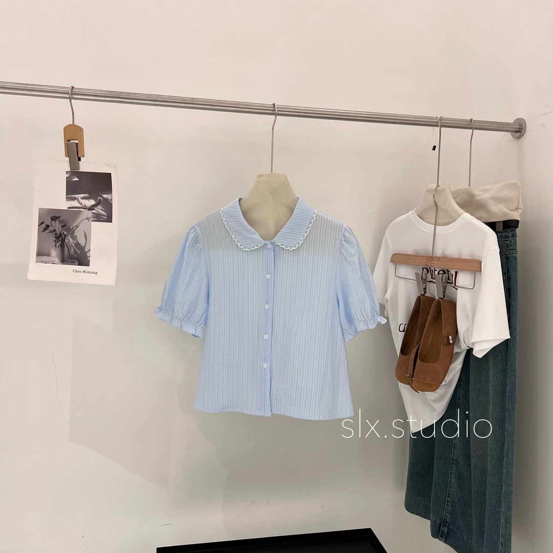 slx@ 2692 翻领竖条短袖小衫