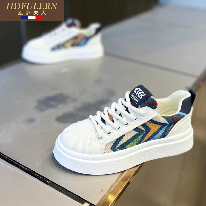 2025年新款鞋子男款潮牌板鞋男透气舒适厚底增高拼色圆头男板鞋