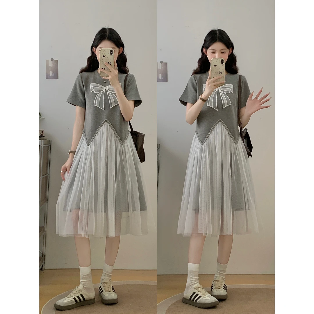 大码夏季新款蝴蝶结时尚设计感网纱收腰显瘦气质连衣裙女