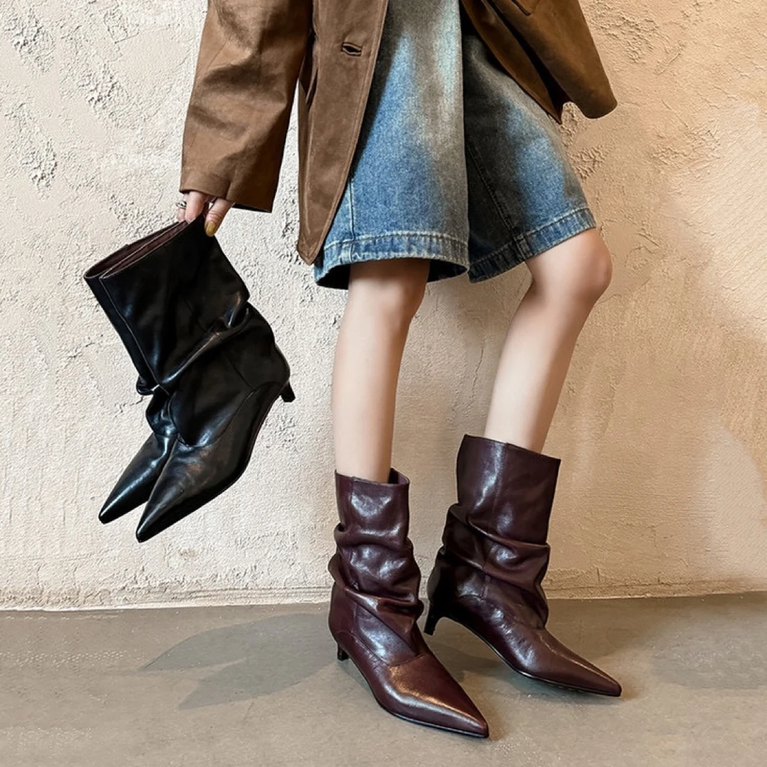 阿丽塔女鞋~3.5cm慵懒风短靴尖头猫跟时装靴一脚蹬显瘦真皮女靴