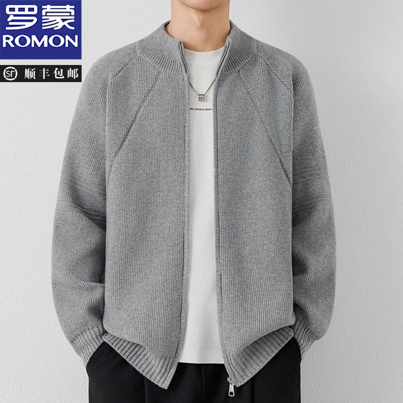 罗蒙新款秋冬季休闲毛衣开衫中青年男士韩版潮流半高领针织衫外套