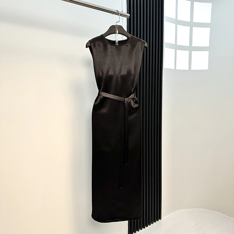 醋缎黑色连衣裙女长裙2025夏季新款时尚气质高级感显瘦吊带女裙