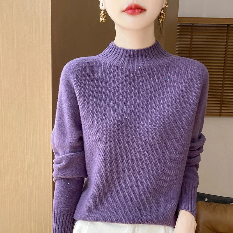 珠光亮片一线成衣半高领针织衫宽松内搭羊毛衫纯羊毛
