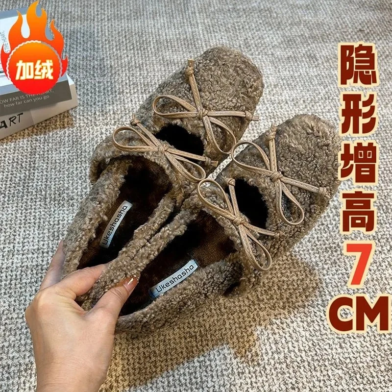 秋冬新款蝴蝶结小香风毛毛鞋外穿女羊毛羔软底豆豆鞋加绒保暖女鞋
