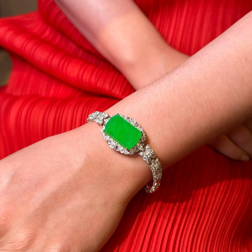 缘见翡翠珠宝 缅甸天然A货翡翠阳绿无事牌吊坠手链套装18k金镶嵌