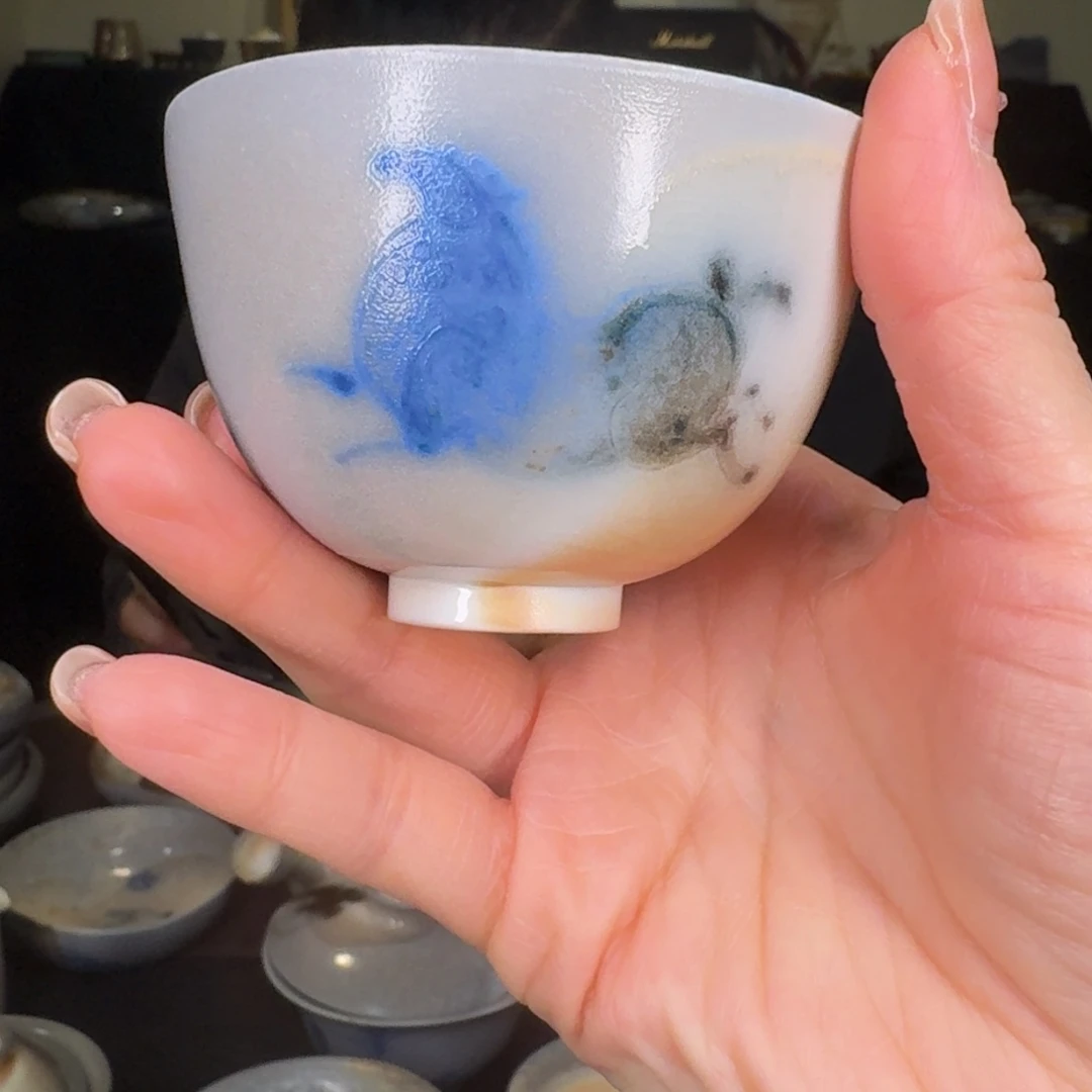 七***虹瓷青花柴烧裸烧唐马主人杯