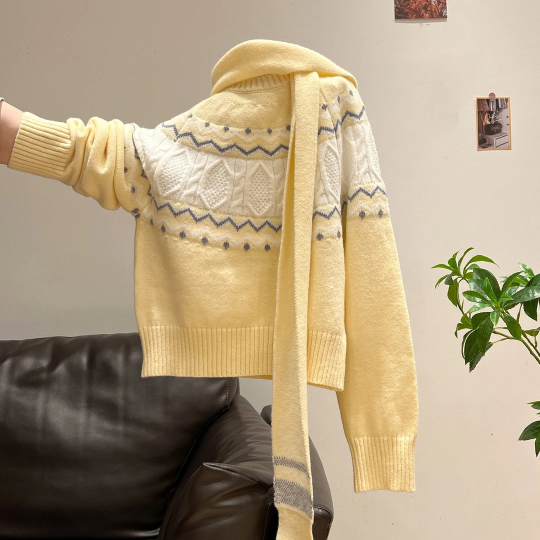 奶黄色费尔岛提花加厚圆领毛衣女秋冬季长袖针织衫围巾两件套上衣