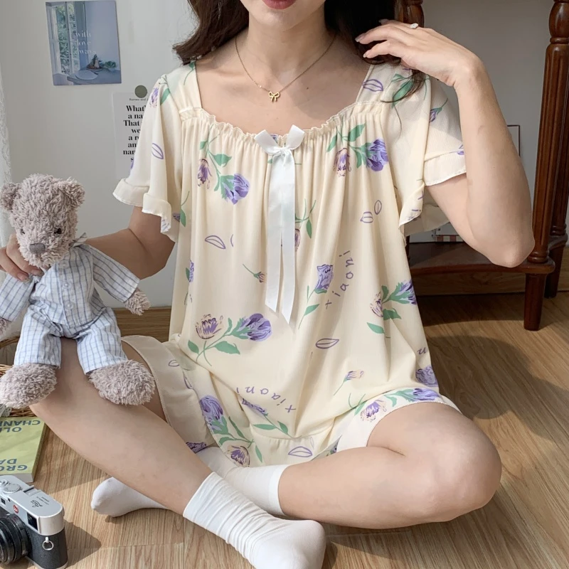 300斤胖MM夏季短袖睡衣女款冰丝凉感薄款印花宽松大码家居服套装