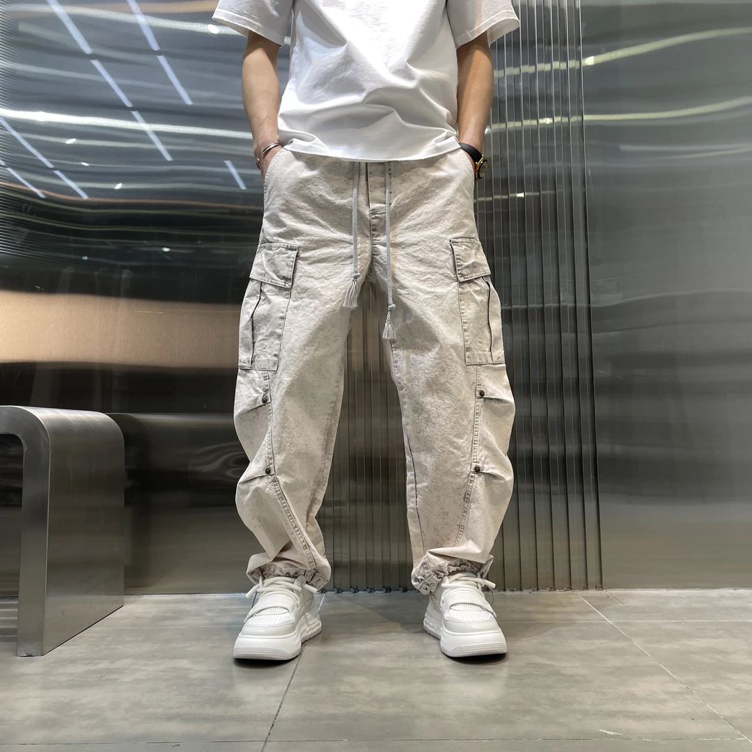 秋季新款美式直筒工装裤裤脚抽绳设计宽松百搭裤子男款休闲长裤
