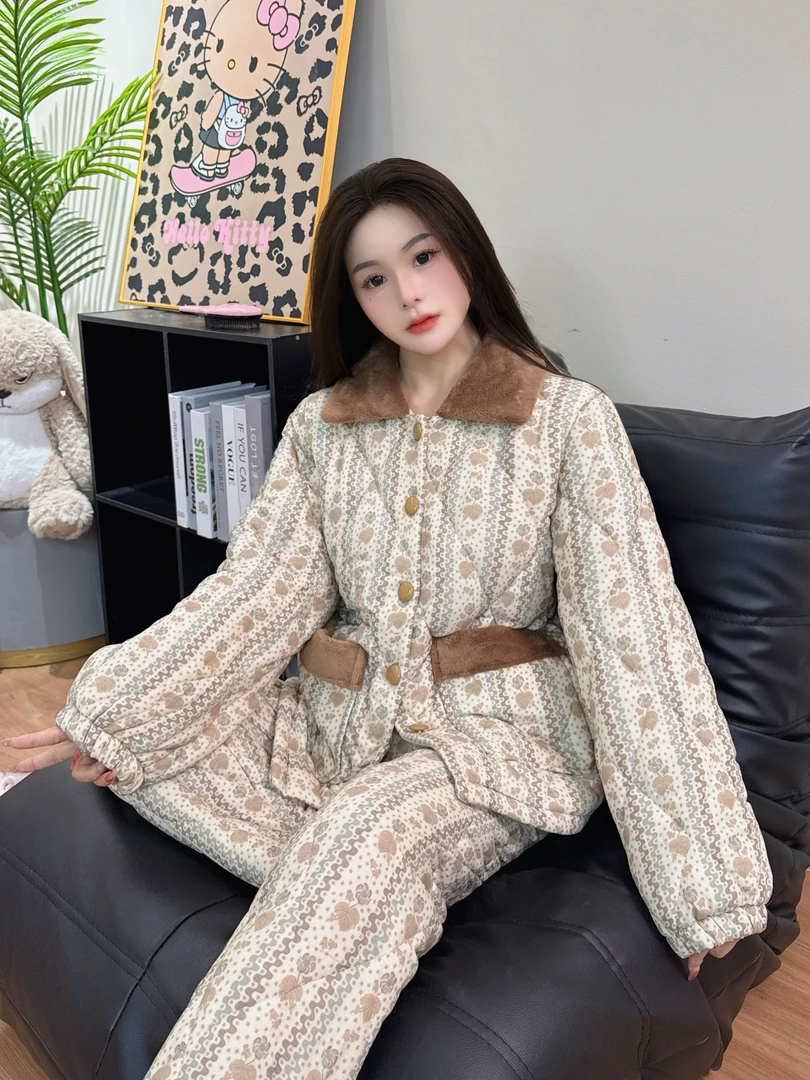 【三层夹棉】冬季超厚加绒加厚保暖家居服-兔毛碎花