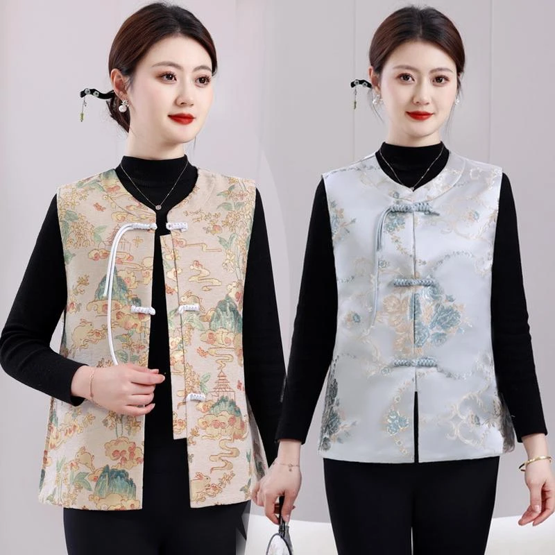 妈妈春秋薄款复古盘扣马甲中老年女装大尺码宽松新中式上衣马夹坎