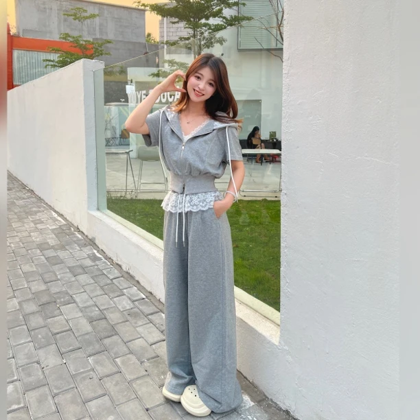 【兑现夏日】休闲套装女蕾丝拼接连帽卫衣直筒休闲裤两件套春夏新款