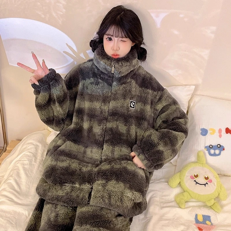 珊瑚绒法兰绒睡衣女秋冬季加绒加厚保暖条纹学生冬天家居服套装