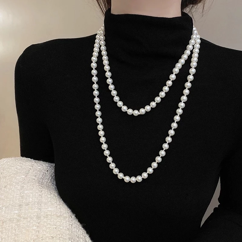 非金属仿珍珠项链 【005】项链轻奢秋冬款多层叠带毛衣链旗袍挂脖链