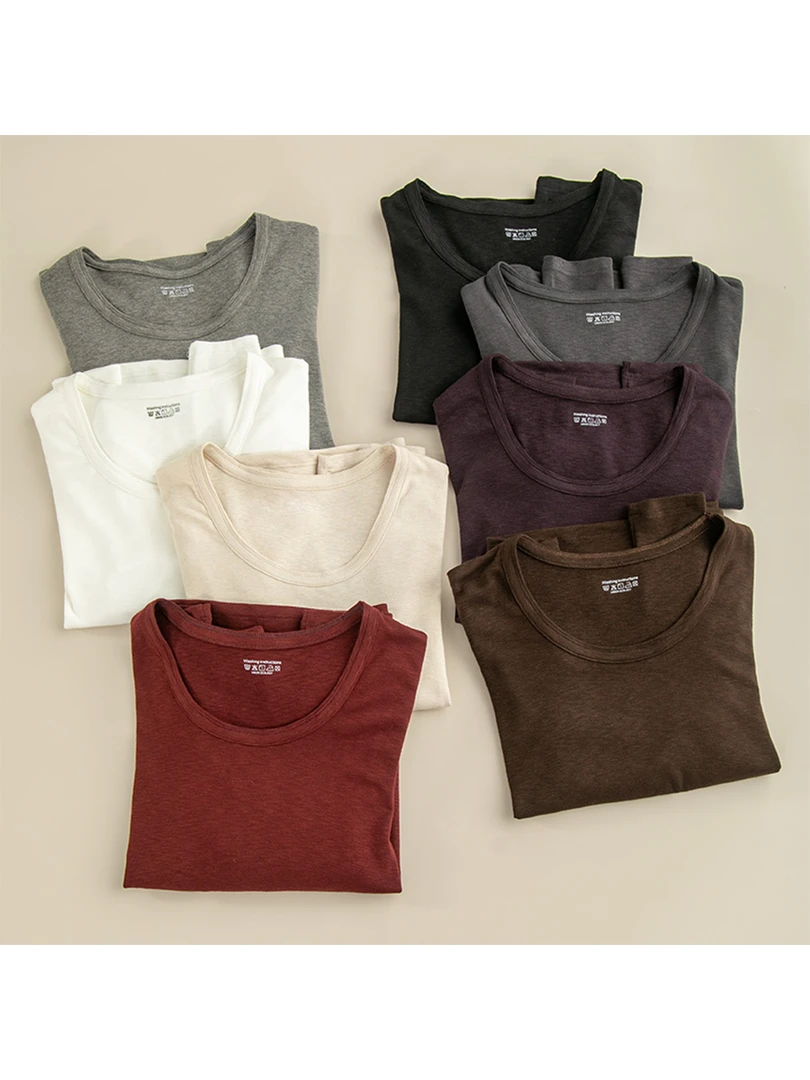 新款时尚U领秋季长袖打底T恤100%棉套头衫显瘦纯色百搭上衣休闲