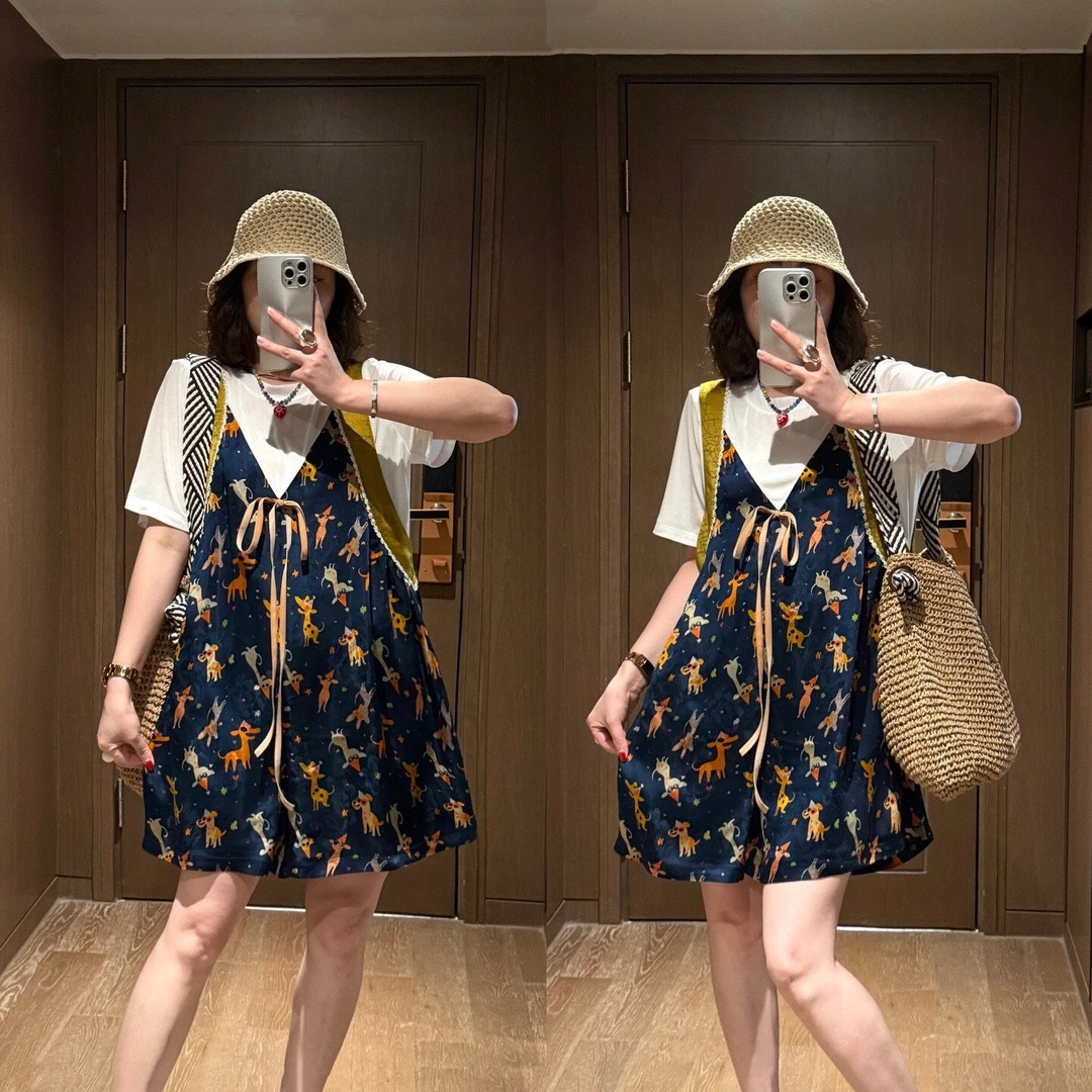 YDFSTUDIO小众【巴黎周刊】欧货撞色拼接设计系带花色人丝连体裤