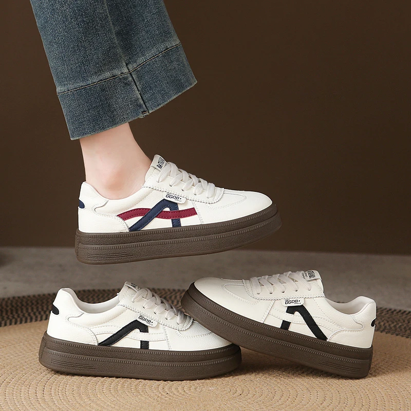 真皮厚底韩版德训鞋女2025秋新款圆头拼色轻便增高运动休闲小白鞋