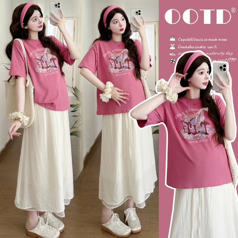 孕妇套装夏季新款时尚韩版圆领印花短袖T恤高腰休闲显瘦半身裙子1