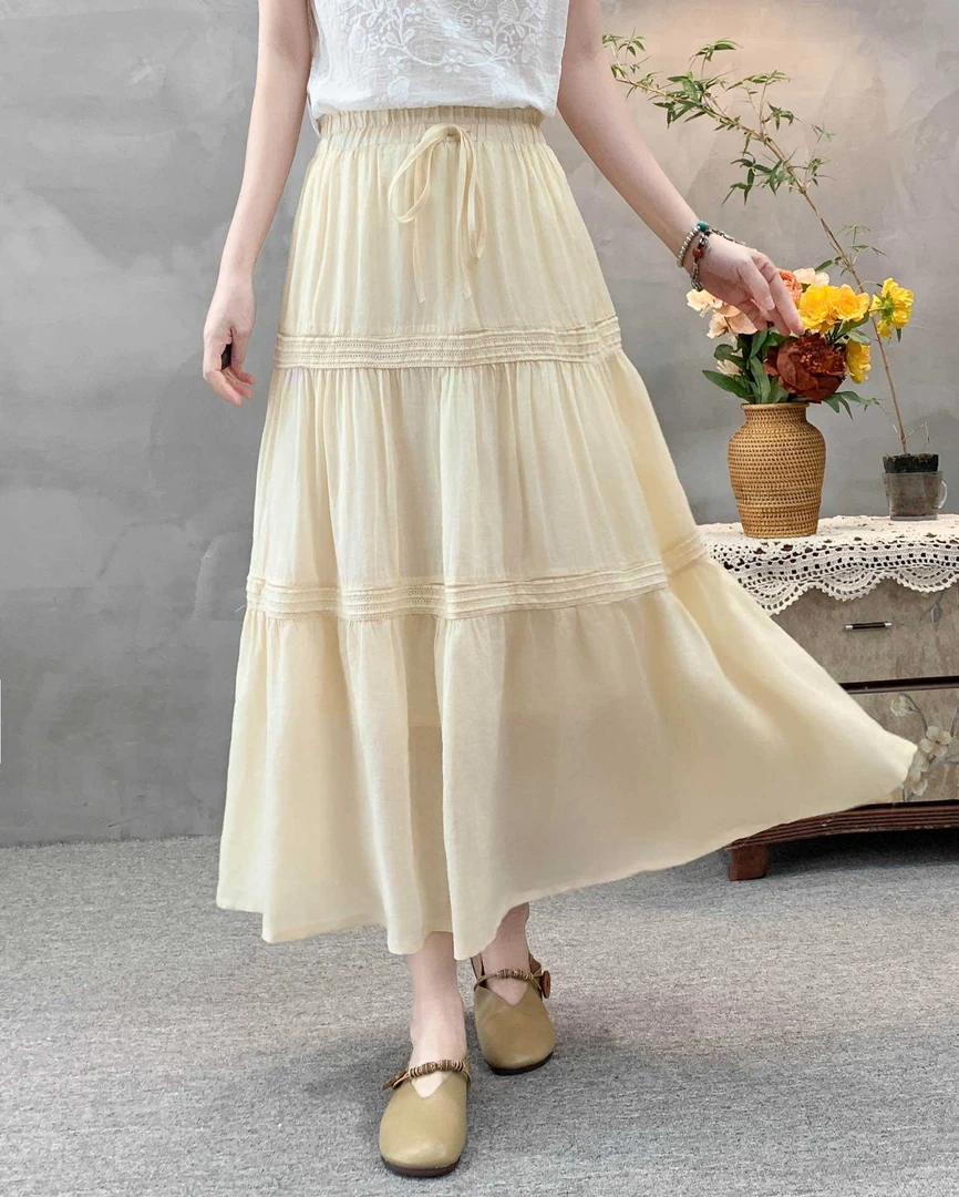 （有内衬）苎麻蕾丝拼接蛋糕裙松紧腰抽绳半裙女 XC 8729
