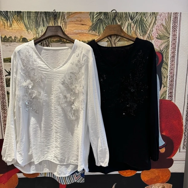 【大G精选】“珍妮的旅途” 设计感立体花亮片v领上衣鱼子酱系列