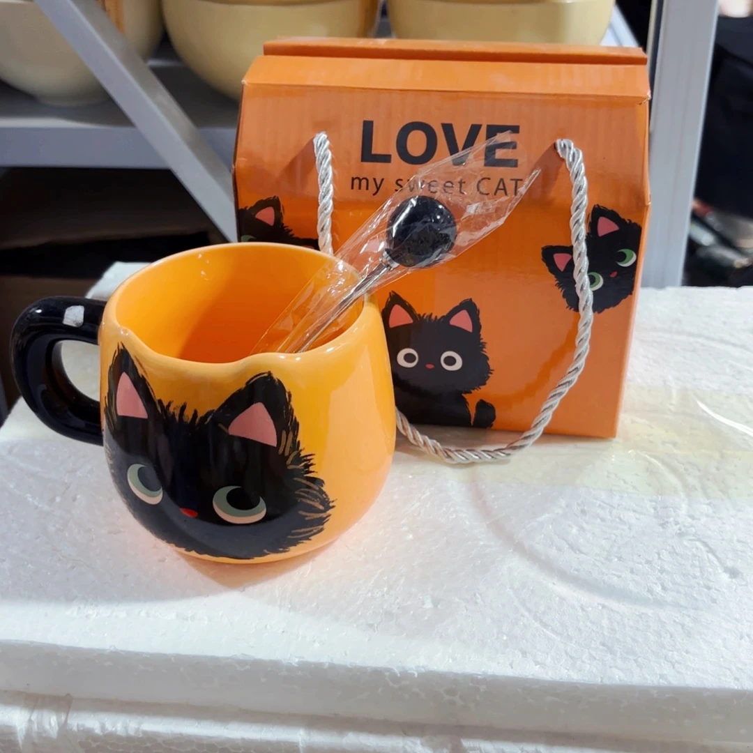 陶瓷可爱黑猫马克杯两件套礼盒装