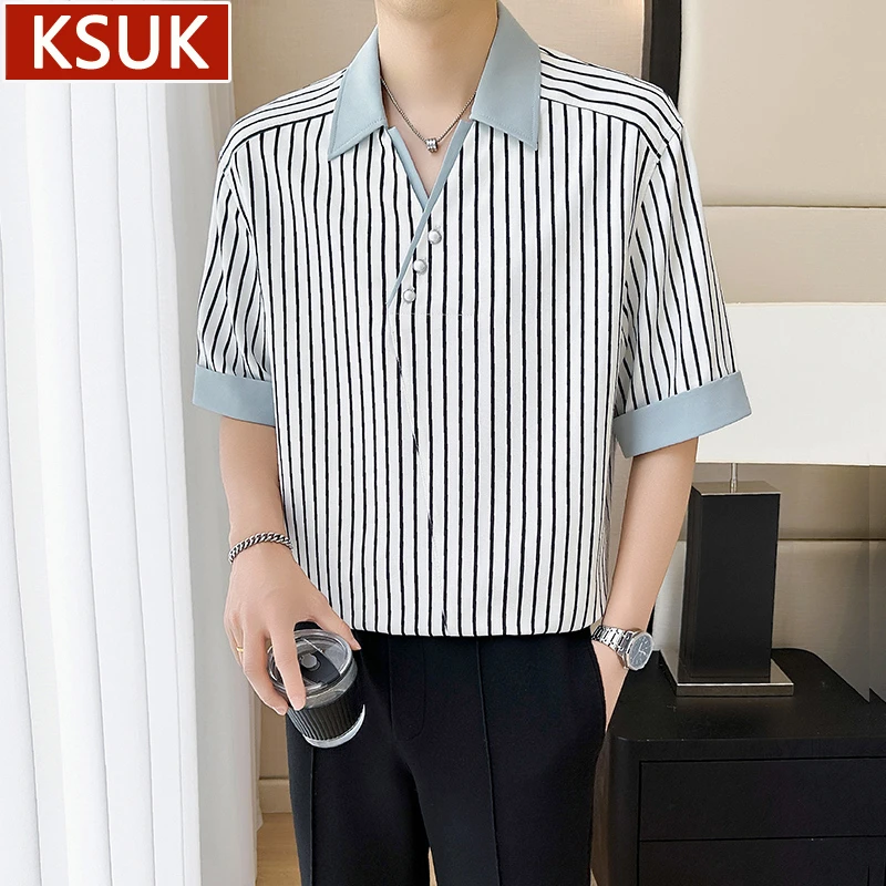 KSUK轻熟风夏季冰丝条纹撞色短袖衬衫男高级感潮流痞帅宽松衬衣服