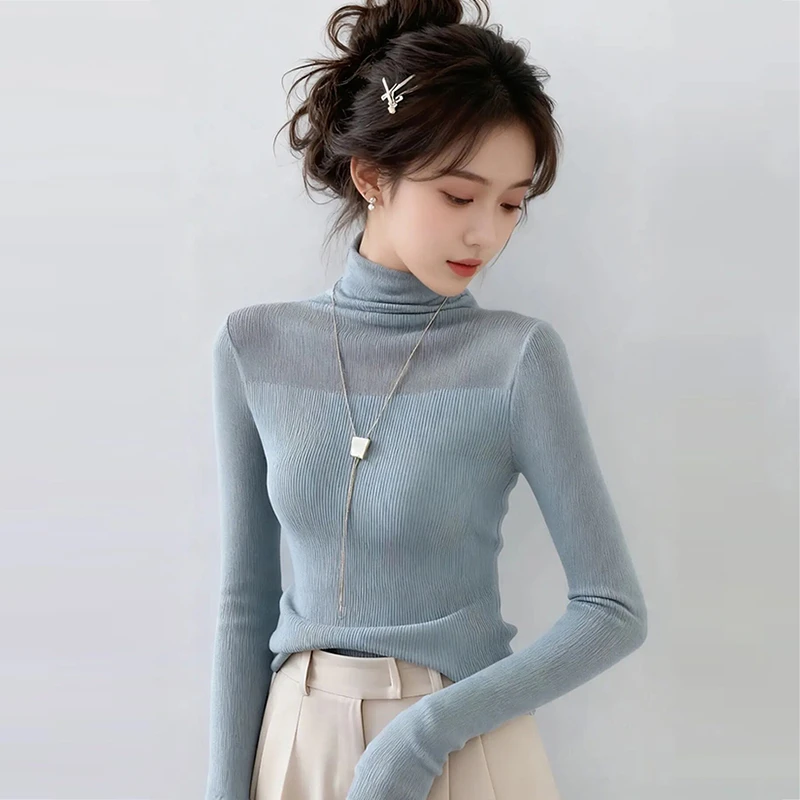 堆堆领柔软坑条高档蓝色上衣2025爆款秋季基础款内搭女气质打底衫