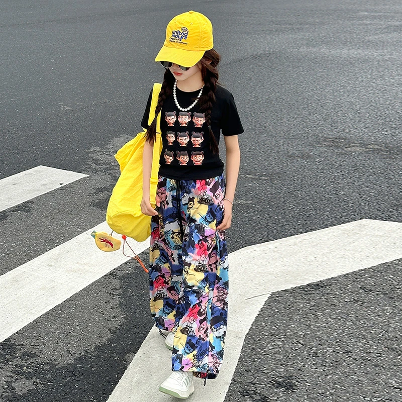 女童网红套装2025新款洋气中大童时髦炸街魔童哪吒短袖夏装阔腿裤