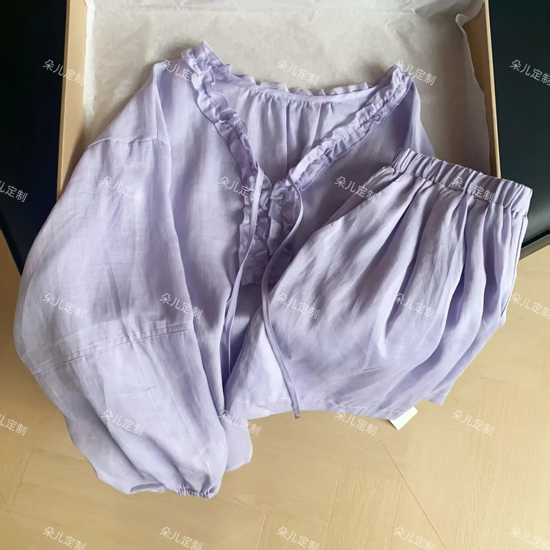 朵儿定制 【铃兰】夏季宽松花边领100苎麻休闲衬衣短裤套装 IS64