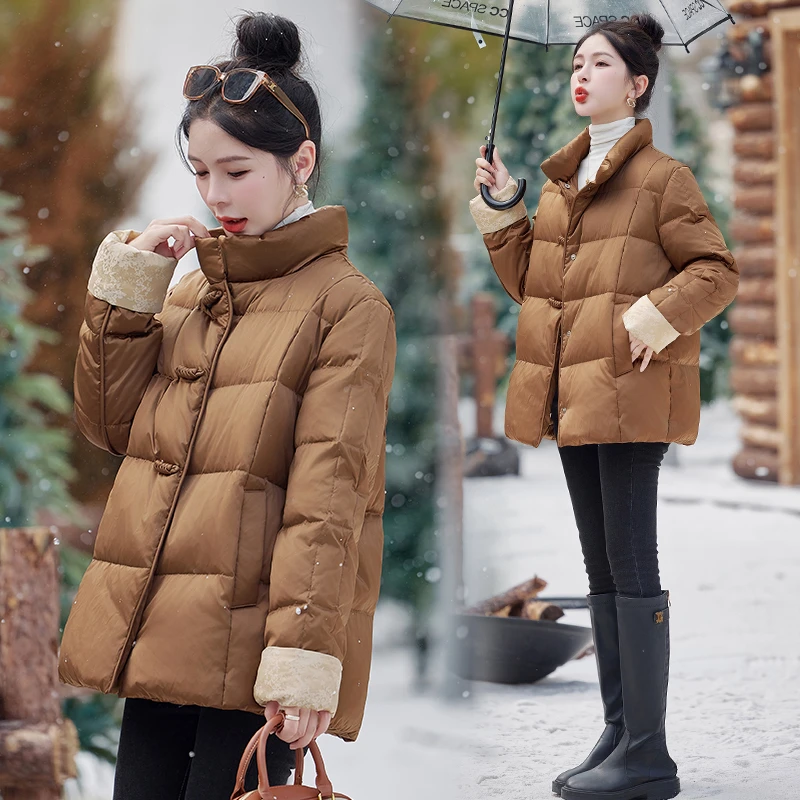 新中式立领盘扣羽绒服女2025冬季新款加厚保暖白鸭绒外套冬季羽绒