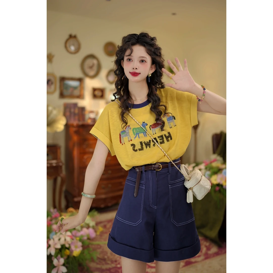 扣子家【小马驹】港风复古宽松夏季短袖T恤休闲针织上衣KP0525020