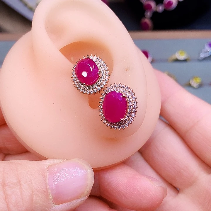 红宝石耳饰银S925镶嵌