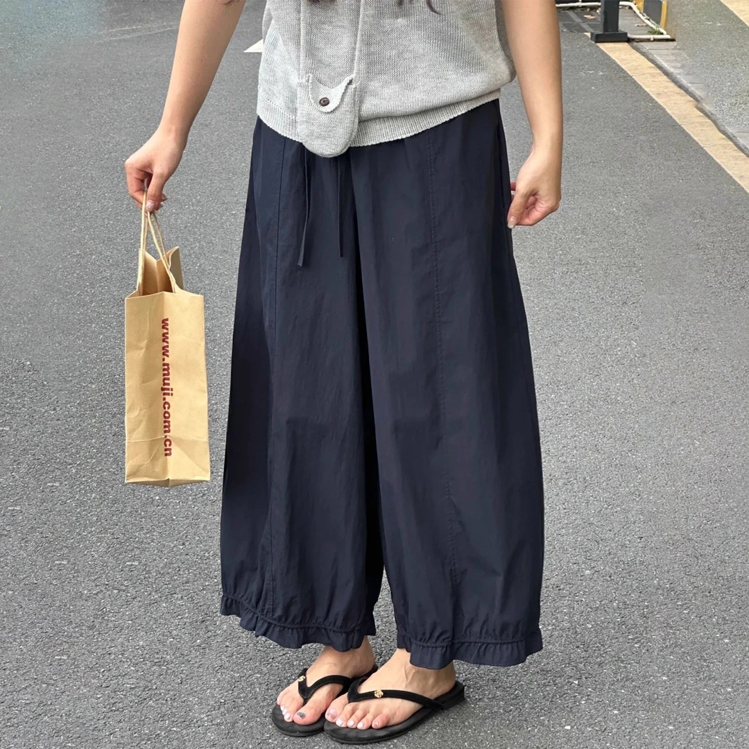 藏青色木耳边灯笼阔腿裤女夏季薄款胖mm小个子宽松显瘦九分休闲裤