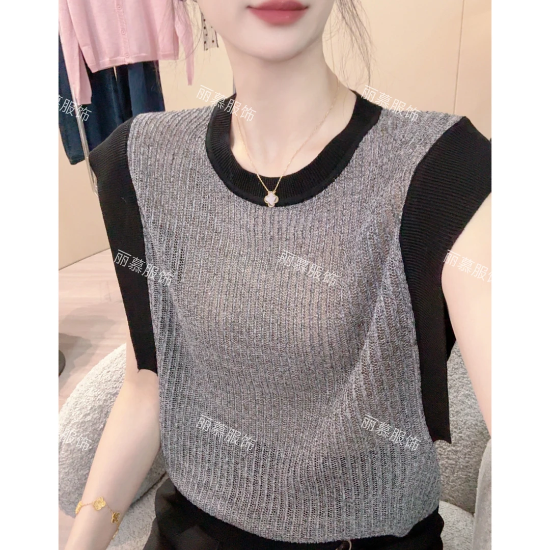 【撞色拼接无袖T恤】夏季新款针织无袖背心T恤拼接假两件针织衫1787