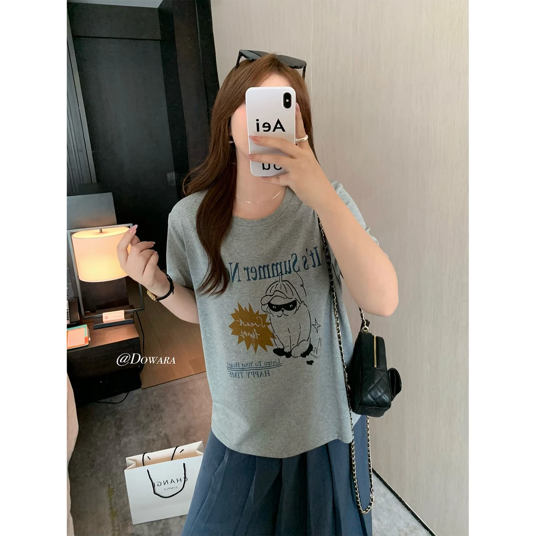 现货大婉酱微胖定制手绘圆领正肩T恤夏季小众女装慵懒不挑人6635D