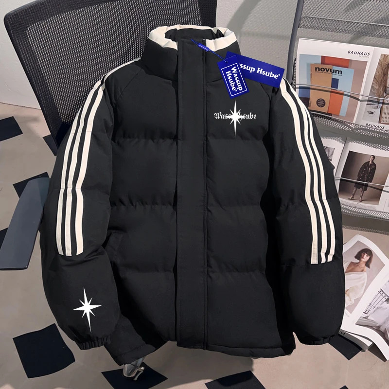 WASSUP HSUBE潮牌重磅男士棉服冬装外套三条杠立领面包服保暖棉袄