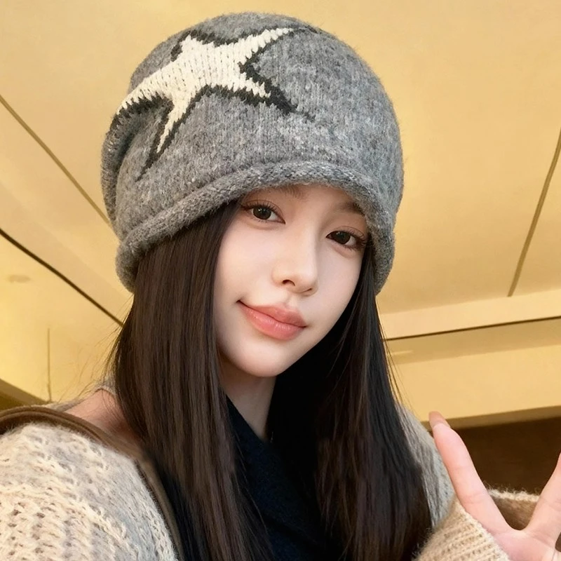 美式复古冷帽女秋冬2025新款大头围针织毛线帽保暖护耳卷边堆堆帽