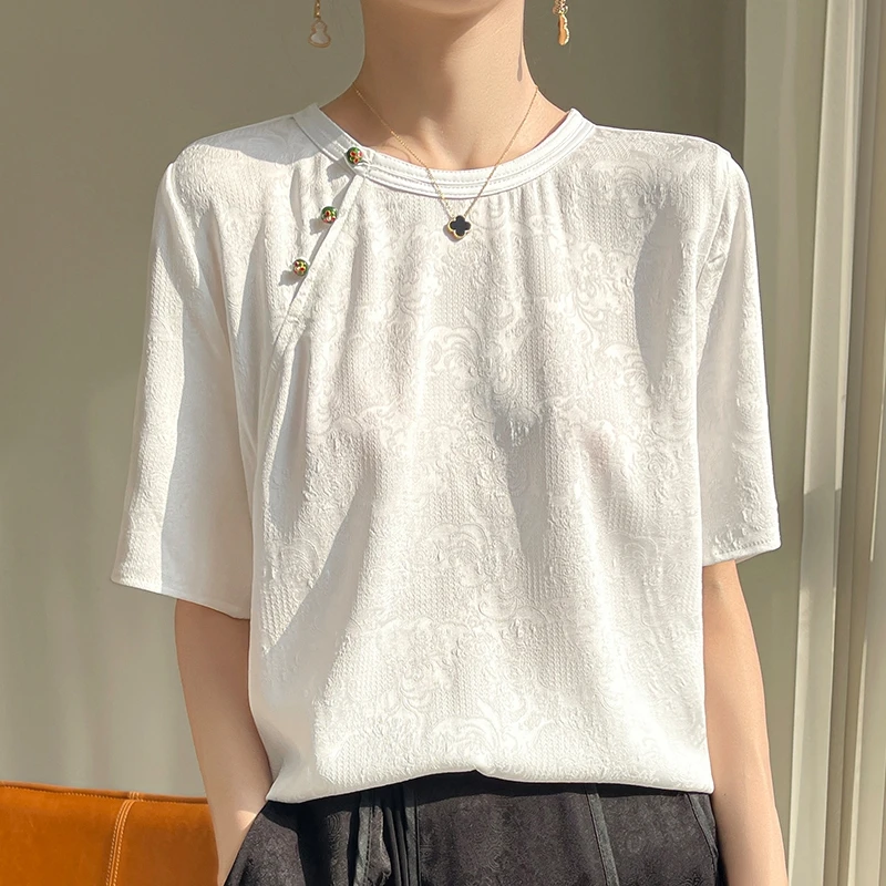 新中式国风短袖上衣宽松显瘦缎面设计感t恤女夏季