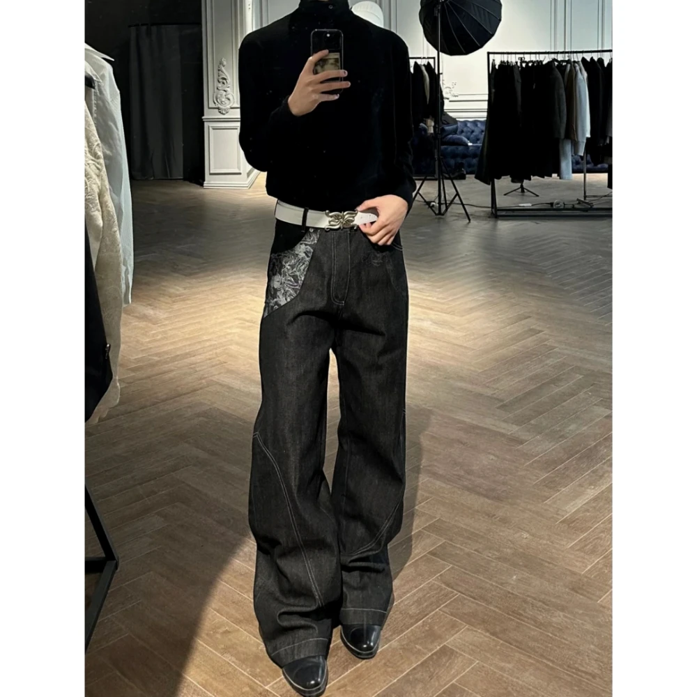 美式复古A字版型原牛牛仔裤女2025秋季新款设计感小众拼接直筒裤