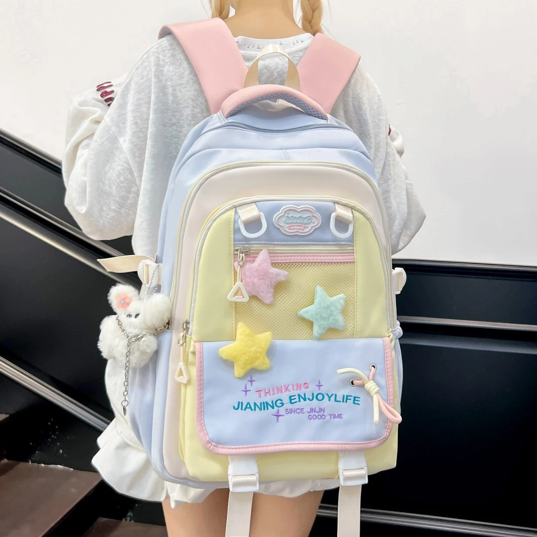 可爱撞色书包女小学五六年级初中生休闲包大容量学院风减负背包