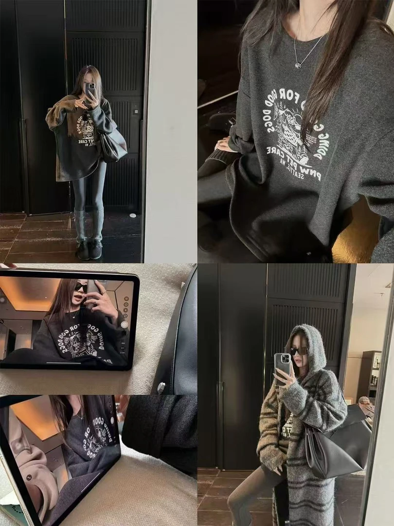 调皮小狗&毛圈印花 2025新款软糯加绒圆领宽松卫衣女