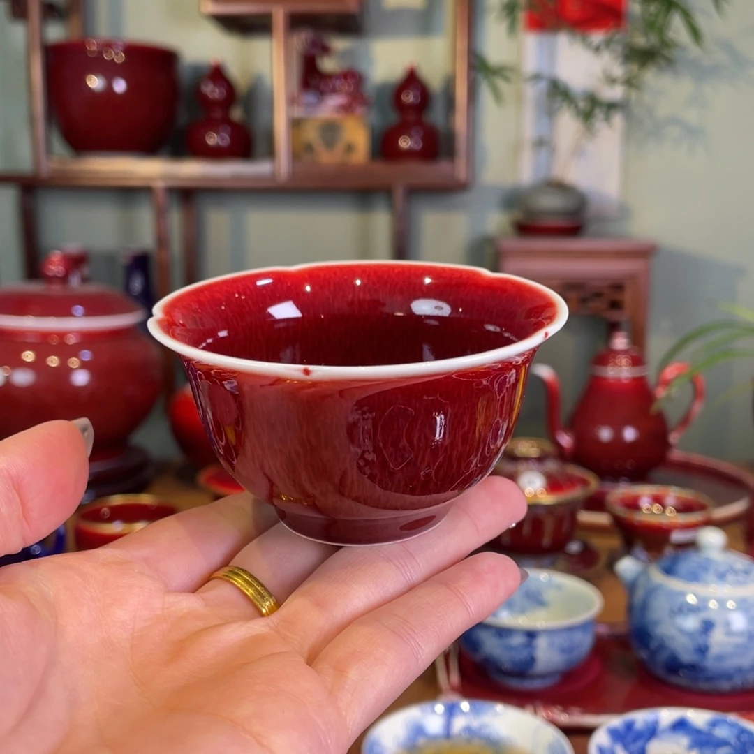 清欢雅玩原矿郎红福利花口杯