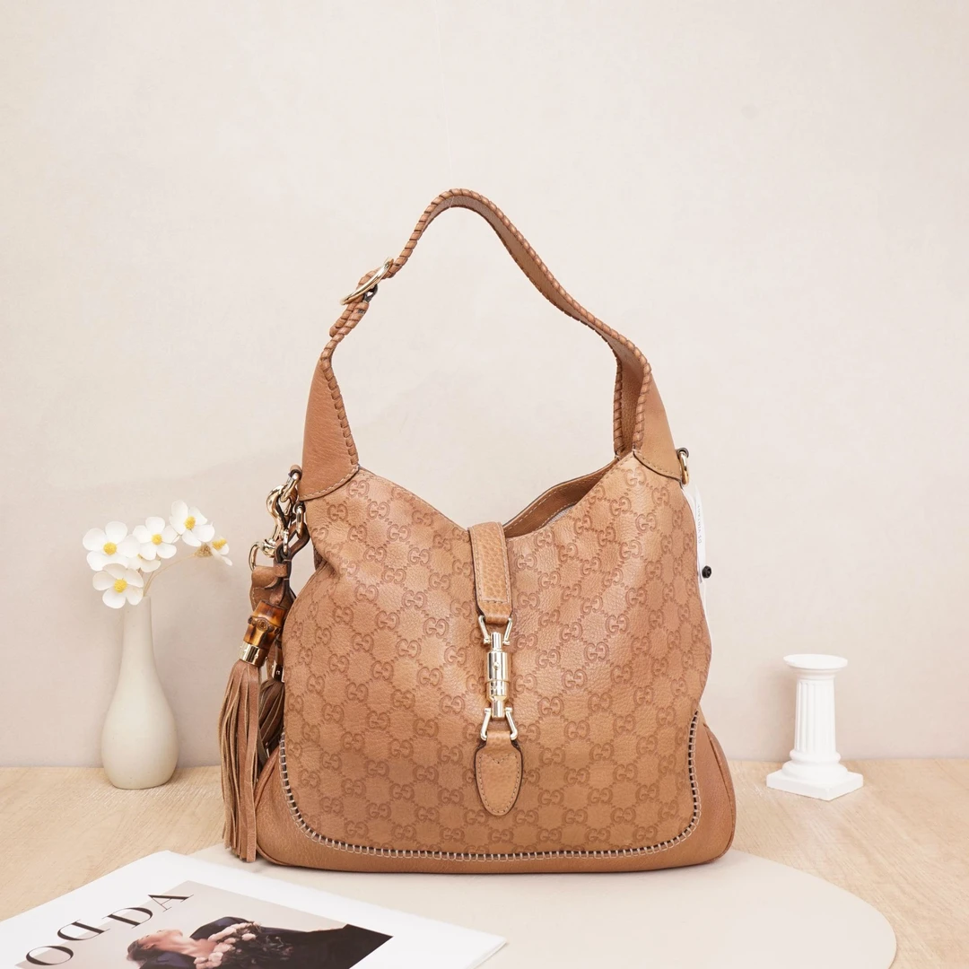 95新 GUCCI/古驰 古驰中古jackie肩背包中号焦糖色/尘袋/DS025687