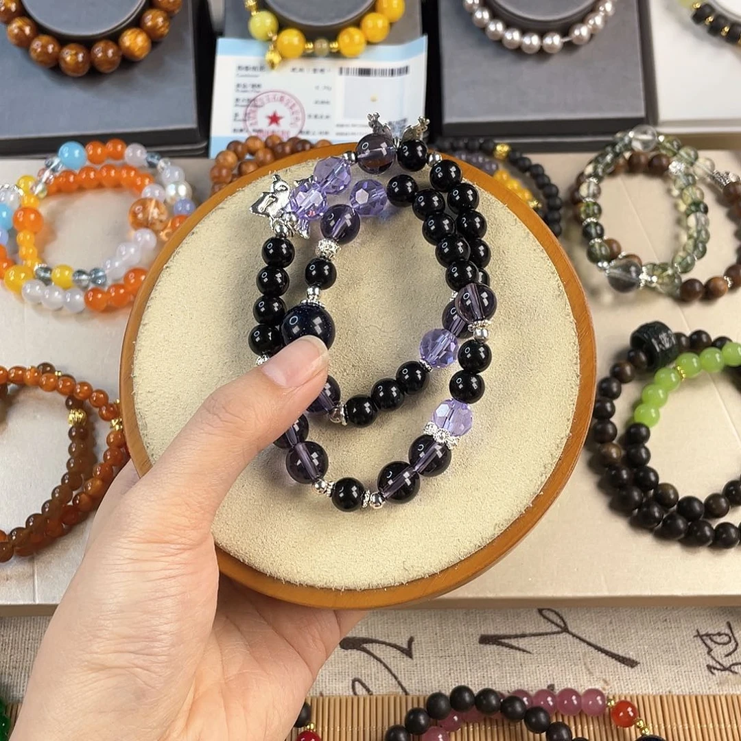 黑曜岩手饰银S925镀金镶嵌