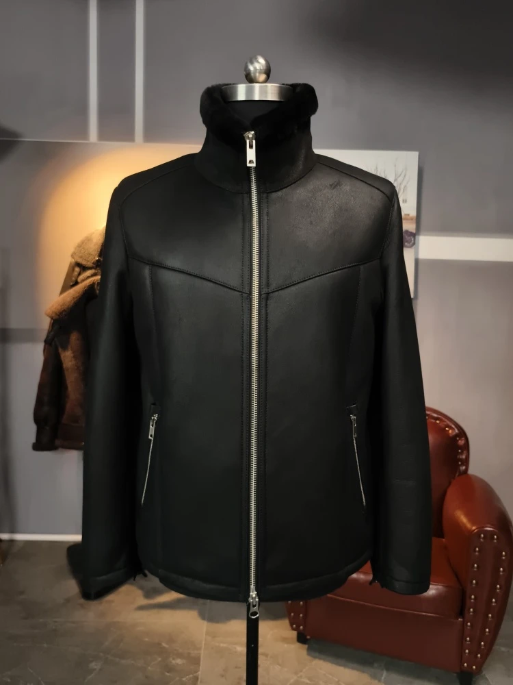 男士817黑绒面原生态皮毛一体冬装加厚真皮立领保暖抗风休闲时尚