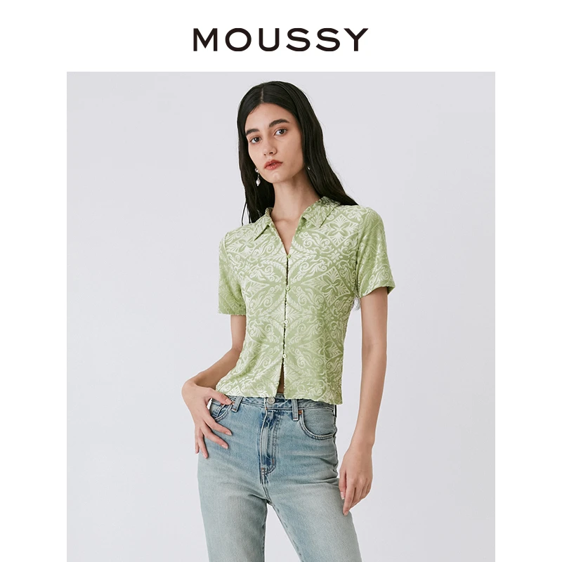 MOUSSY 薄荷曼波风中式纹样花纹直筒翻领短袖衬衫女010GAK80-5000