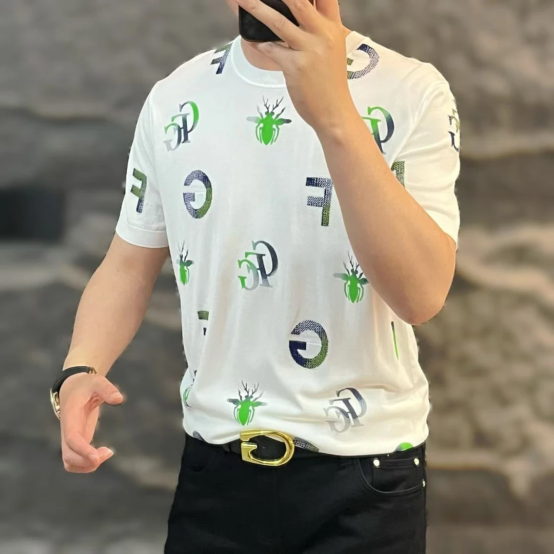 新款高端男士潮流百搭个性蜜蜂字母图案休闲短袖T恤W6008