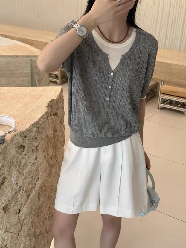 【小猪】韩系简约圆领短袖针织衫女百搭显瘦上衣T恤宽松拼接假两件