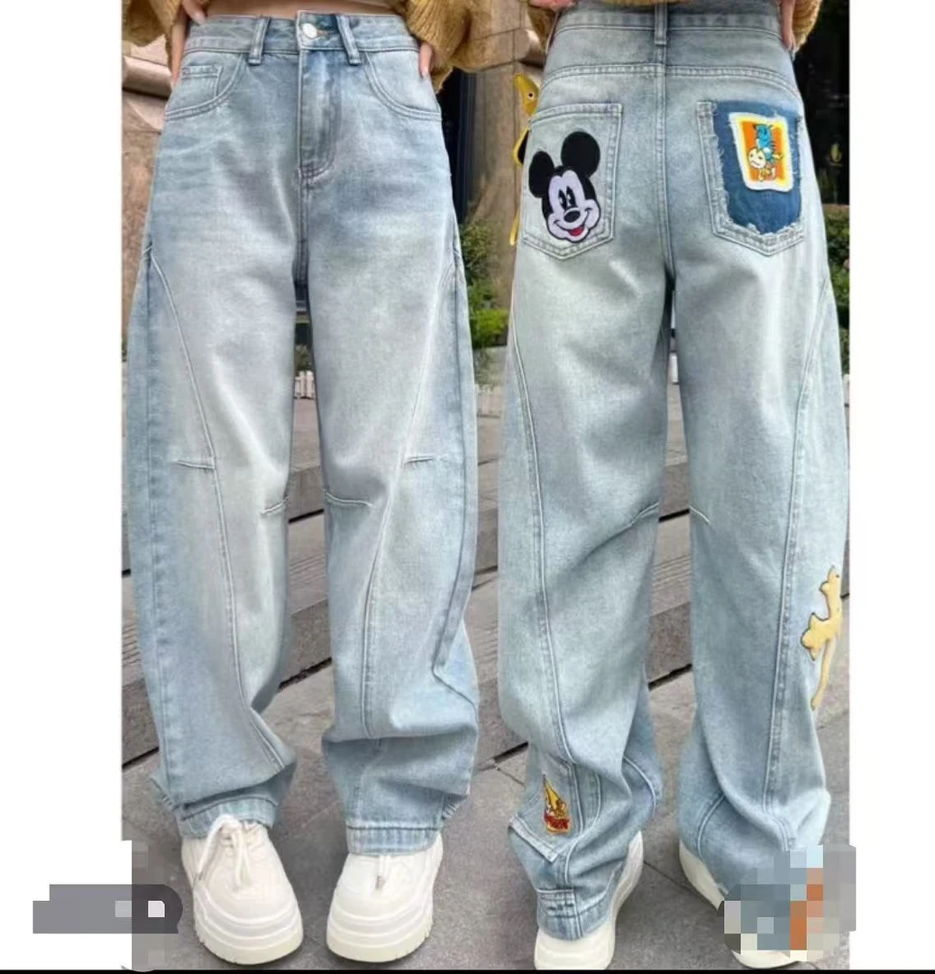 （小娜家）2025春季新款复古水洗可爱图案弯刀牛仔裤女百搭直筒裤潮
