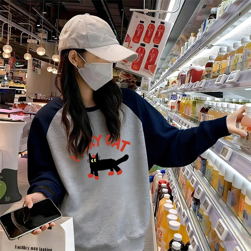 早秋chic加绒加厚宽松百搭插肩袖圆领卫衣女慵懒风长袖无帽上衣潮